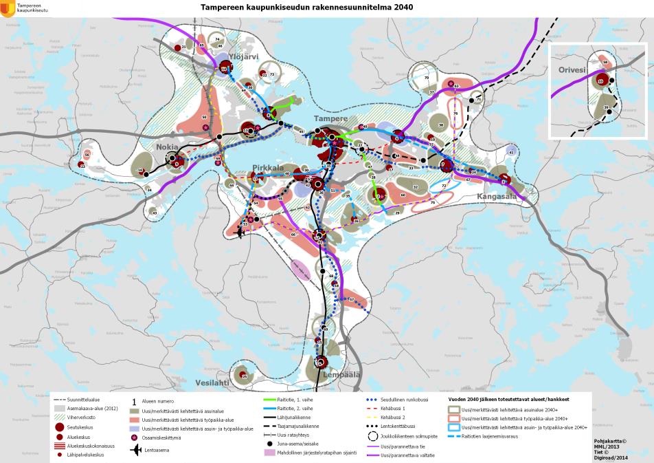 liikenneratkaisujen rakentamisvaiheet vuosikymmenittäin vuoteen 2040. Vaikuttavuuden kannalta tärkeimmät ratkaisut tehdään toteutuksen alkuvuosina yhdyskuntarakennetta tiivistävillä toimilla.