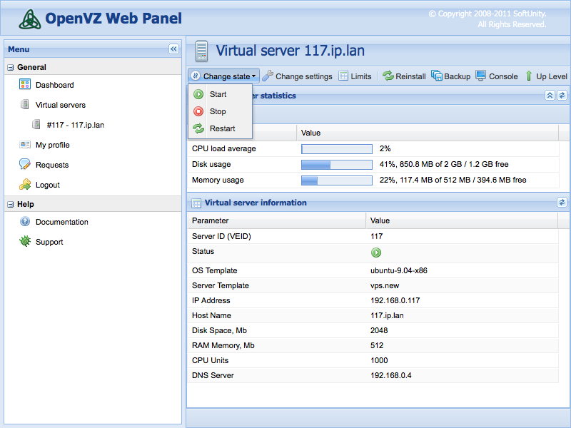 Kuva 10. OpenVZ WEB Panel 6 Kernel-based Virtual Machine Kernel-based Virtual Machine eli KVM on Linux-ytimeen rakennettu tuki virtualisoinnille.