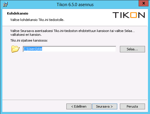 Toukokuu 2015 13 (31) Valitse käyttäjäkohtainen kansio minne Tiko.ini tiedosto asennetaan. Jokaisella Tikon käyttäjällä on oma tiko.ini tiedosto. Windows -käyttöjärjestelmää käytettäessä suosittelemme työasemien Tiko.