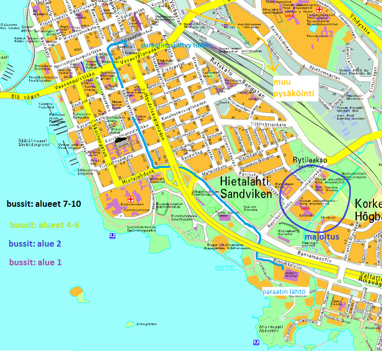 Paraatireitti ja linja-autojen noutopaikat Karttaliite mm. matkajohtajille ja linja-autonkuljettajille tiedoksi.