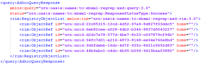 40 Kuva 11: XDS:n AdHocQuery -pyyntö [IHE13] Vastauksena AdhocQuery pyyntöön XDS-hakemisto palauttaa takaisin pyyntötyypin mukaisesti joko ObjectRef tai LeafClass-tyyppisen vastauksen.
