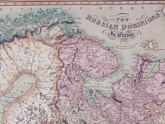 Venäläis-norjalaisen yhteisalueen jako 1826 The Russian dominions In Europe Reduced chiefly, from the great Map of Russia, in 107 Sheets. Kartan on piirtänyt ja translitteroinut L.