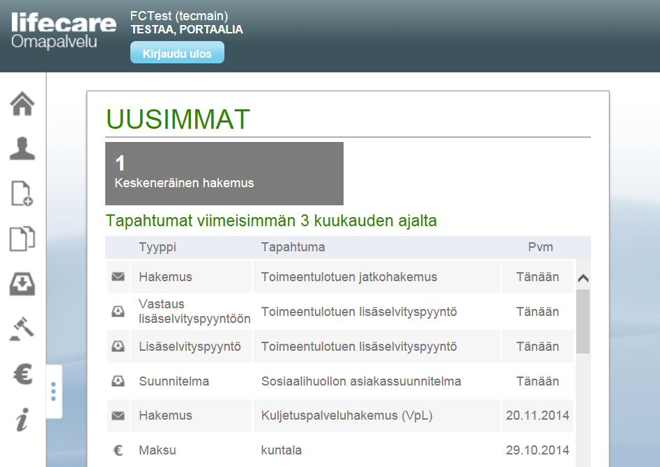 Omapalvelu / Etusivu Asiakkaalle avautuu Omapalvelun - etusivu.