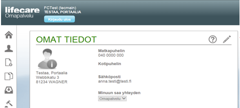 Omapalvelu / Omat tiedot Omat tiedot -painikkeesta päästään Omat tiedot -näytölle, jossa näytetään ja voidaan päivittää Matkapuhelin, Kotipuhelin, Sähköposti ja