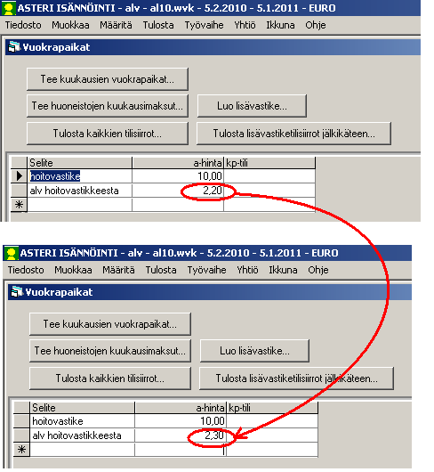 Asteri Isännöinti KÄYTTÖOHJEET 173/237 o paina Tee kuukausien vuokrapaikat ja valitse esim. heinäkuu 2010 - joulukuu 2010 o paina Tee huoneistojen kuukausimaksut ja valitse esim.