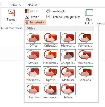 Teemojen muutokset Uusi dian oletuskoko Jos haluat valmista teemaa käyttäessäsi muuttaa värejä ja fontteja, voit nyt valita suunnittelijan valitsemia teemamuunnelmia aloitusnäytöstä tai