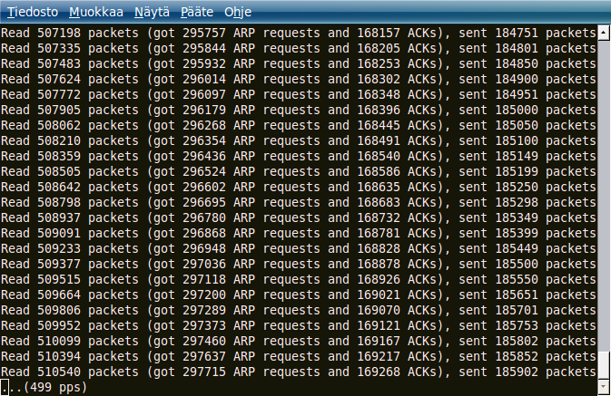 24 Kuva 13. Langattomaan verkkoon lähetetään takaisin siepattuja ARP-viestejä.