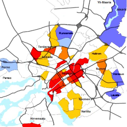 58 Kuvio 21. Kerrostalokaksioiden keskivuokrat syksyllä 2011 (Rasinkangas 2012). Rasinkangas (2012) selvitti lähiötutkimuksessaan kerrostalokaksioiden vuokrien tasoa koko Turun alueella.