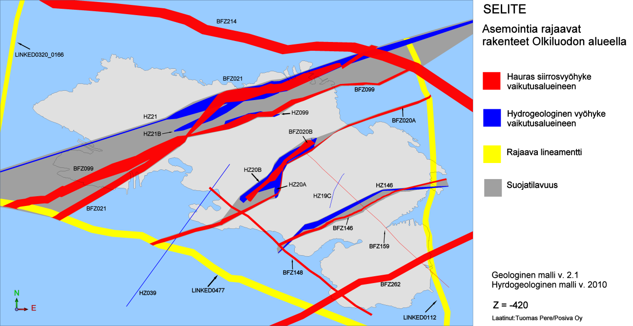 19 Kuva 2-3. Maanalaisten tilojen asemointia rajaavat rakenteet (Layout Determining features) Olkiluodossa. Suojatilavuudet kattavat kaikki LDF-rakenteet (Posiva 2012h).