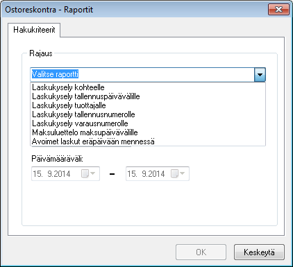 14.2.3. KYSELYT JA RAPORTIT Järjestelmästä saadaan seuraavat raportit: 14.2.3.1. Laskukysely kohteelle Ohjelma kysyy ensin kohteen ja sitten aikavälin.