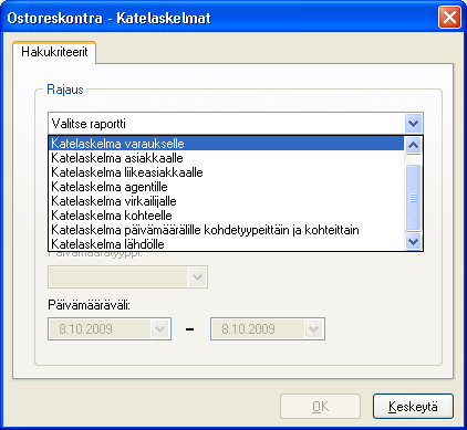 14.5. KATELASKELMAT Katelaskelmat voidaan ajaa seuraaville valinnoille: 14.6.1. Katelaskelma varaukselle Ohjelma kysyy varausnumeron, raportti näyttää kyseisen varauksen asiakkaan nimen, myynnit kohteittain sekä niihin kohdistetut ostot, katteet euro- ja prosenttimääräisinä.