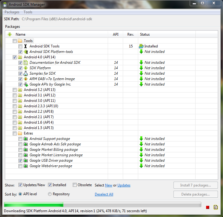23 KUVIO 8. Android SDK Manager on sovellus eri työkalujen ja Android SDKkomponenttien hallintaan.