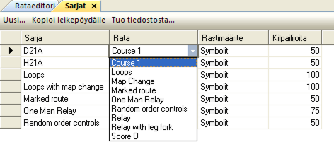 Rata poistetaan, valitsemalla haluttu rata Rataeditoriin ja valitsemalla Rata -valikosta poista. Sarjat Sarjojen muodostus Uusi sarja luodaan Sarja -valikossa. Valitse sarjojen radat ja muut tiedot.