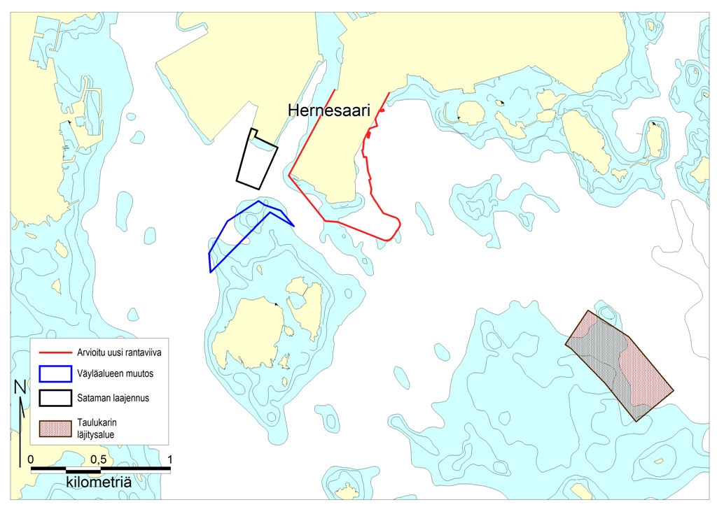 Kuva. Hernesaaren suunnittelualueen uusi rantaviiva, Jätkäsaaren edustan ruoppausalue (sataman laajennus), Länsi-Sataman väyläalueen laajennuksen ruoppausalue (väyläalueen muutos) sekä Taulukarin