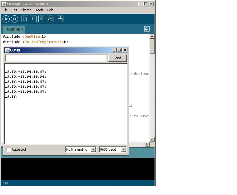 Tämän jälkeen multiple.pde:n sisältämää koodia voidaan muuttaa siten, että Arduinon lähettämän datan formaatti on muodoltaan 19.50:-16.94:19.87: (liite 1).