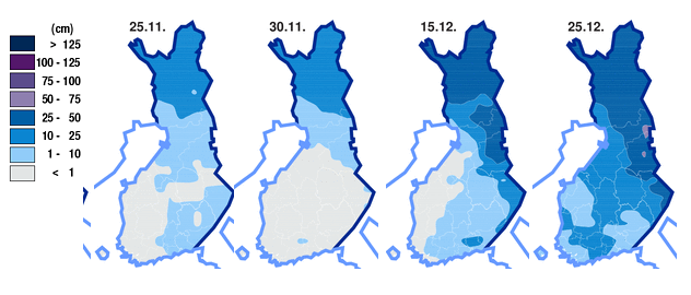 joulukuussa sataa 51 mm. Kuvassa 6 on esitetty lumitilanne marras-joulukuussa 14. Kuva 6. Lumen esiintyminen marras-joulukuussa 14.