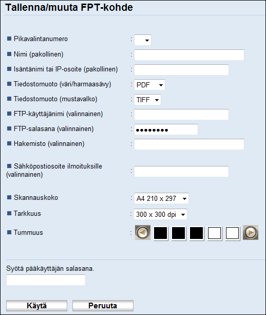 5. Alkuperäisten skannaaminen FTP:lle skannauksen asetukset Kohde Asetus Kuvaus Pikavalintanumero Valinnainen Valitse tämä, kun kohde tallennetaan pikavalintakohteeksi. Nimi Pakollinen Kohteen nimi.