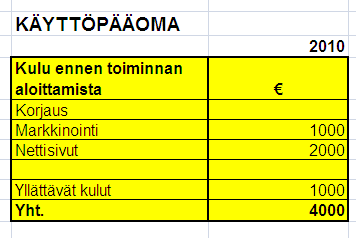 39 Seuraavassa taulukossa laskelmassa on tehtävät investoinnit ja ennen toiminnan aloittamista tarvittava käyttöpääoma. Alla olevassa kuviossa (Kuvio 6) on kuvattu investointitaulukon näkymä.