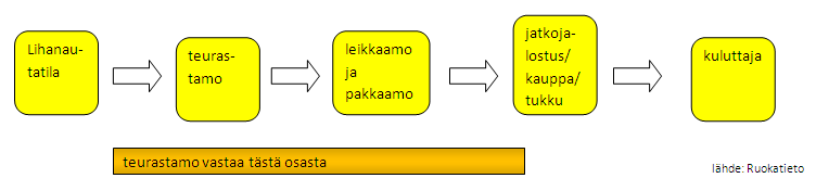 8 2 NAUDANLIHAN TUOTANTO Tässä osiossa käydään läpi yleistä tietoa suomalaisesta naudanlihan tuotannosta ja naudasta saatavista ruhon osista ja siitä mihin eri ruhon osia käytetään. 2.1 Naudanlihantuotannon toimijat Kuviossa (kuvio 1) on esitetty naudanlihan eri vaiheet tilalta aina kuluttajalle asti.