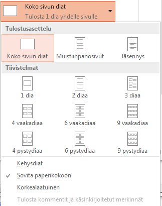 Esityksen tulostaminen Valitse pikatyökaluriviltä esikatselu, tai TIEDOT-välilehdestä Tulosta.