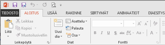 Ryhmän oikeassa alakulmassa oleva pieni nuoli tarkoittaa, että ryhmässä on käytettävissä lisävaihtoehtoja. Lisävaihtoehdot saat näkyviin napsauttamalla valintaikkunan avainta.