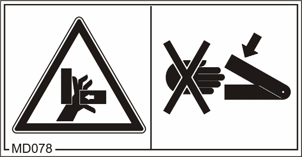 Yleiset turvallisuusohjeet Tilausnumero ja selitys Varoitusmerkit MD 076 Voimansiirron käyttämien suojaamattomien ketju- tai hihnakoneistojen aiheuttama vaara, koska ne voivat tarttua käteen tai