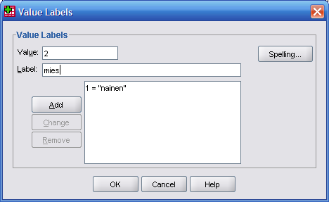 selitteeksi Sukupuoli ja sarakkeen Values painikkeella avautuvassa ikkunassa arvolle 1 annetaan kohtaan Value Label selitteeksi nainen. Hyväksyminen tehdään painikkeella Add.