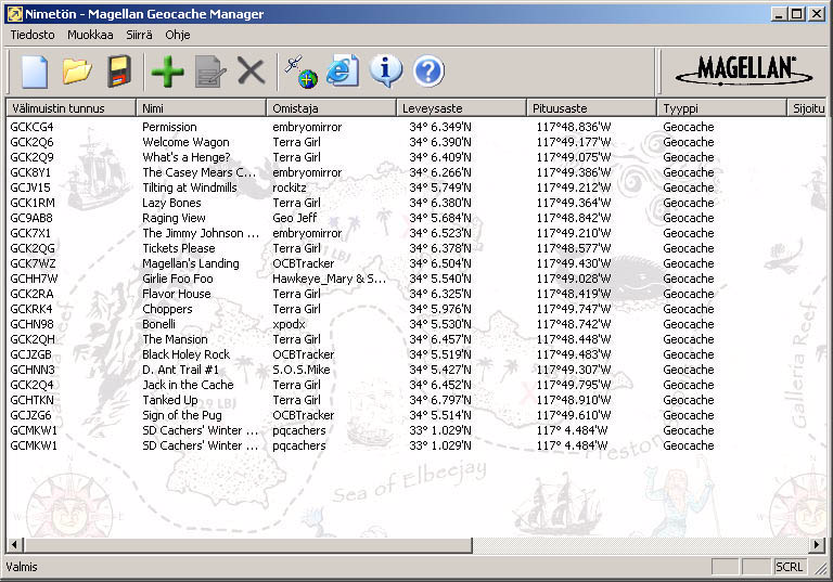 Magellan Geocache Manager 73 Geocache-tiedostojen käsittely Tämä kuva esittää näytettä Geocachetiedostosta Geocache-pisteiden luetteloineen.