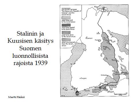 8 KUVA 9 Erityisen kiinnostava on Stalinin ja Kuusisen hallituksen käsitys Suomen luonnollisista rajoista vuonna 1939. Sopimuksen liitteenä oli kartta, johon oli piirretty aluevaihdot.