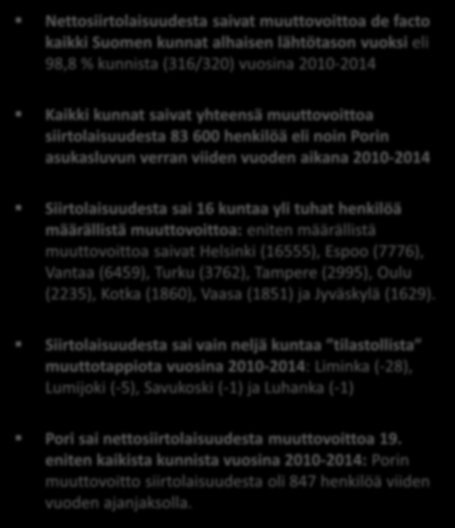Nettosiirtolaisuus (maahanmuutto-maastamuutto) kunnittain vuosina 2010-2014 Nettosiirtolaisuudesta saivat muuttovoittoa de facto kaikki Suomen kunnat alhaisen lähtötason vuoksi eli 98,8 % kunnista