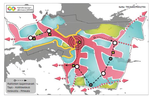 Tampereen kaupunkiseudun rakennesuunnitelma 2040 Tampereen kaupunkiseudun kuntien ja kaupunkien yhdessä laatima Rakennesuunnitelma esittää tavoitteenaan kaava-alueen viereen joukkoliikenteen