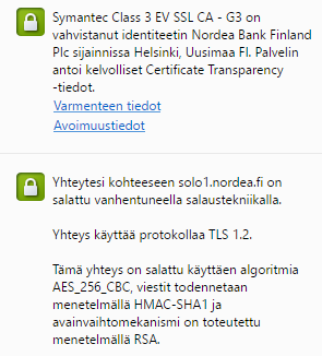 3.2 Sovellusohjelmataso (esim. selain) Vihreä lukon kuva kertoo, että ollaan SSL- yhteydessä ja että palvelimen sertifikaatti on kunnossa.