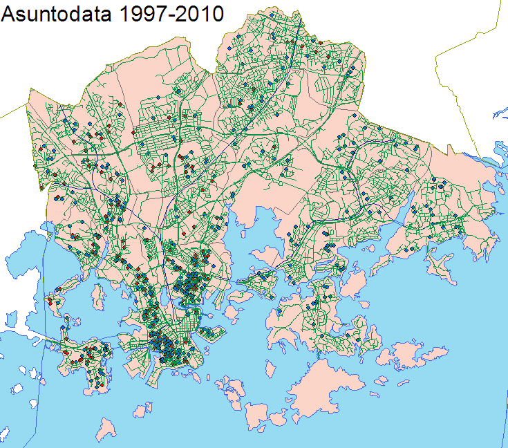 3 Kuva 2: 1997 (punaiset) ja 2010 (siniset) kerätyn asuntoinformaation sijainti Helsingissä. Kerätty aineisto on geokoodattu ArcMapissa lähdeaineistossa annettuun katuverkostoon.