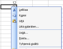 KSAO Liiketalous 2 Pikavalikot Jos napsautat hiiren kakkospainiketta Excel-ikkunan tai työkirjan eri osissa, saat näkyviin pikavalikoita, jotka sisältävät kyseisen osan käsittelyyn sopivia komentoja.