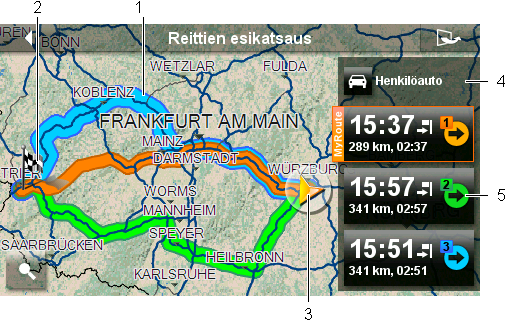 Kartta avautuu tilassa Reitin esikatselu. 1 Jos toiminto MyRoutes on aktivoitu, näytetään jopa kolme numeroitua, eriväristä (oranssi, vihreä, sininen) reittiä kartassa.