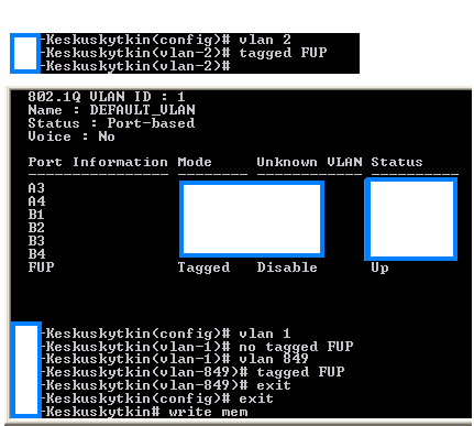 53 Kytkimen VLAN-asetukset: asetetaan vlan 2 ja vlan 849 osalta WES-moduulin looginen portti FUP tagged tilaan ja poistetaan samainen asetus Default-Vlan VLAN 1 osalta.