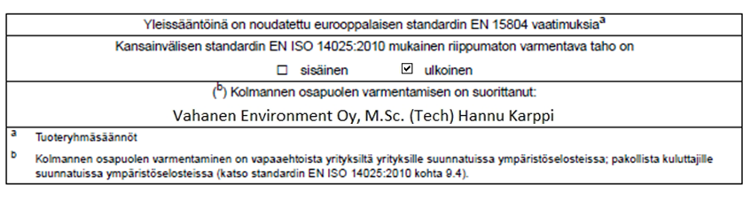 Tuoteryhmäsäännöt EN 15804:2012 (core PCR). Ympäristöselosteen antopäivä ja voimassa olo Selosteen antopäivä on 14.05.2014. Seloste on voimassa 5 vuotta.