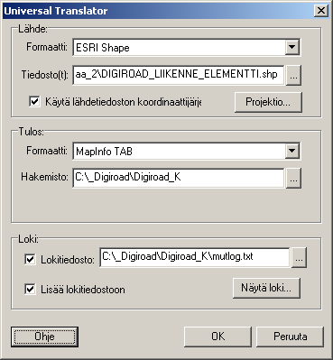 52 Digiroad K -tiedostojen käsittely MapInfossa Digiroad K -tiedostot voidaan kääntää MapInfon omaan muotoon Universal Translator:in avulla, joka avataan MapInfon Työkalut-valikosta (Tools).