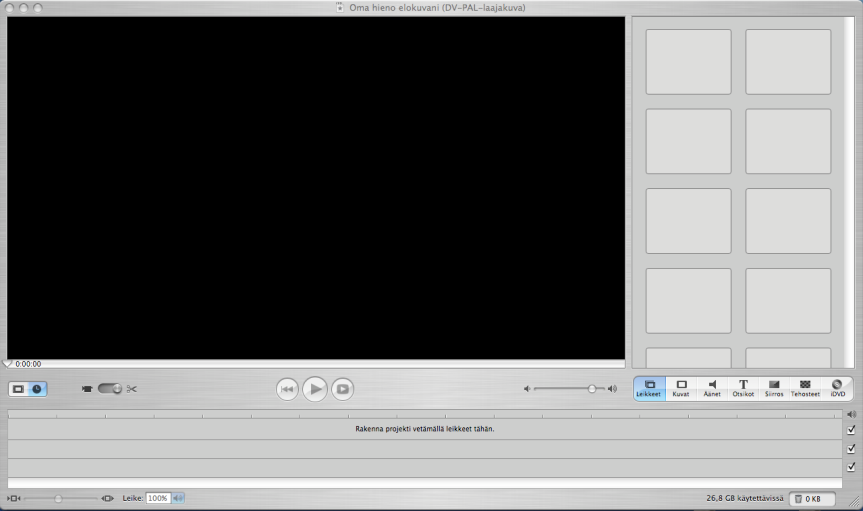 4 5. Kuvaan ilmestyy imovie HD ohjelma, joka näyttää tältä: 6. Tämän jälkeen videokamera tulee kiinnittää erillisellä firewire johdolla tietokoneeseen.