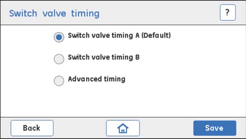 5 Huolto ja asetukset 5.14 System 5.14.4 Switch valve timing 5.14.4 Switch valve timing Ohjeet Aseta Switch valve timing noudattamalla seuraavia ohjeita.