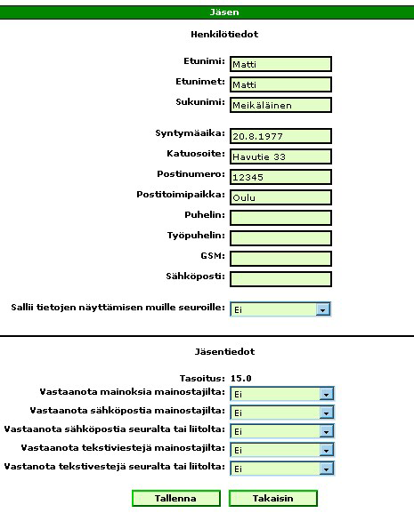 5 MUOKKAA JÄSENTIETOJA Jäsen voi muokata omia jäsentietoja, esimerkiksi osoitetietoja ja päivittää omaa tasoitustasi, jos ylläpito on sen sallinut.