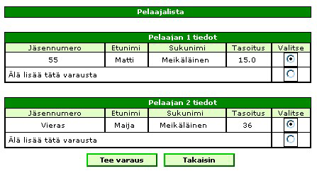 3.1 UUDEN VARAUKSEN TEKEMINEN Uusi varaus tehdään napsauttamalla Vapaa linkkiä. Pelaajia voi myös lisätä lähtöihin, jotka eivät ole täynnä ja joita ei ole suljettu.