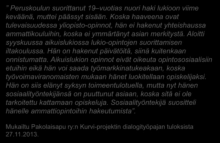 Peruskoulun suorittanut 19 vuotias nuori haki lukioon viime keväänä, muttei päässyt sisään.