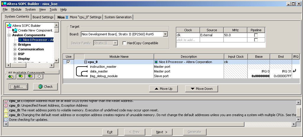 14 Kuva 15. NIOS II prosessori SOPC Builderissa. Prosessorin konfigurointi on esitetty tarkemmin dokumentissa Implementing the Nios II Processor in SOPC Builder. 3.