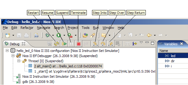 30 Kuva 35. Käskykantasimulaattorin Debug-näkymä. Debug-moodissa on käytettävissä normaalit debuggaus-komennot: Step Into, Step Over, Resume, Terminate jne.