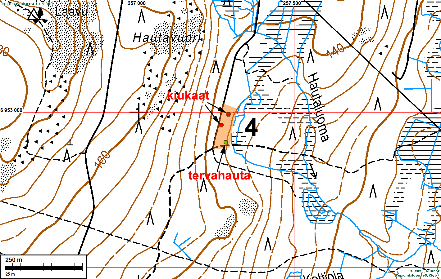 13 Muinaisjäännösrajaus oranssilla. Tervahauta on tiheän nuoren metsän peitossa kuvan keskellä.