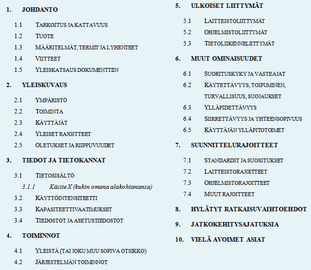 16 Kuvio 8. Toiminnallisen määrittelyn sisällysluettelo (Haikala 2009a.