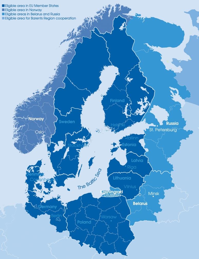 Itämeren alueen ohjelma (Baltic Sea Region Programme) Taustalla EU:n Itämeren alueen strategia Entinen ohjelma-alue 264 miljoonan euron EAKR -rahoitus Vähintään kolmesta maasta partnerit Käytännössä