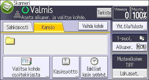 Kansioon skannauksen perustoiminnot Voit siirtyä tasolta toiselle painamalla [Yksi taso ylös]. 4. Valitse kansio, jonka haluat tallentaa. 5. Paina [OK] neljä kertaa.