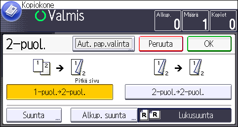 3. Kopiointi Alkuperäinen Alkuperäisten asettaminen Alkup. suunta Suunta Kopiointi Pitkä sivu Lyhyt sivu 1. Paina [Muu toim.]. 2. Paina [2-puoleisuus]. 3. Valitse [1-puol. 2-puol.] tai [2-puol.